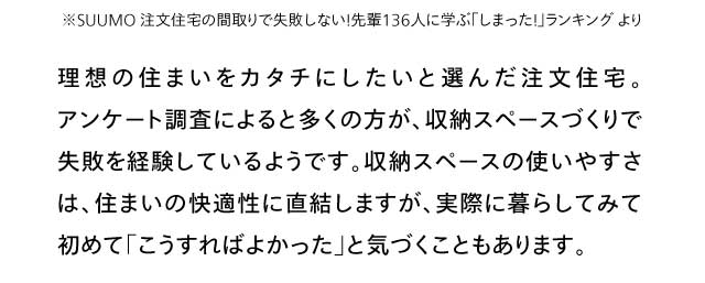 理想の住まいをカタチにしたいと選んだ注文住宅。アンケート調査によると多くの方が、収納スペースづくりで失敗を経験しているようです。収納スペースの使いやすさは、住まいの快適性に直結しますが、実際に暮らしてみて初めて「こうすればよかった」と気づくこともあります。 ※SUUMO 注文住宅の間取りで失敗しない！先輩136人に学ぶ「しまった！」ランキング より