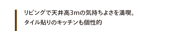 リビングで天井高3mの気持ちよさを満喫。タイル貼りのキッチンも個性的