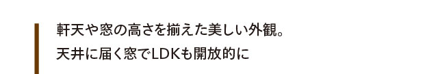 軒天や窓の高さを揃えた美しい外観。天井に届く窓でLDKも開放的に